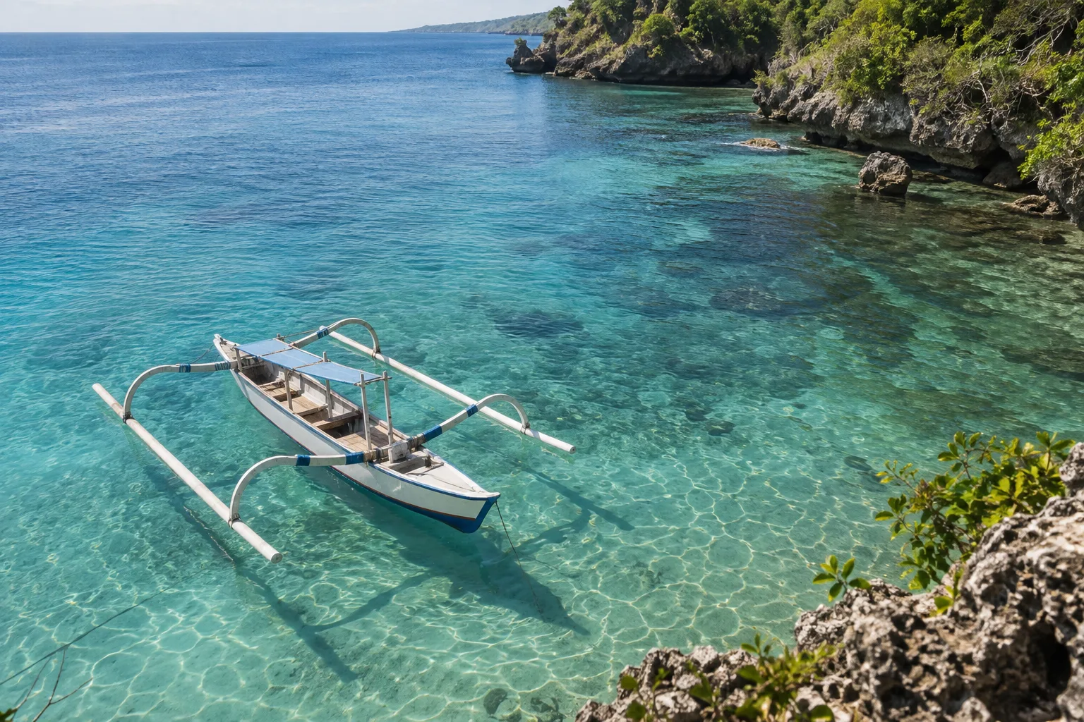 Original concept illustration of a traditional outrigger boat in clear water by a tropical coast